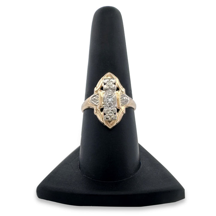 Art Deco 0.03ct Single Cut Natural Diamond Shield Ring in 14k Two-Tone Gold
