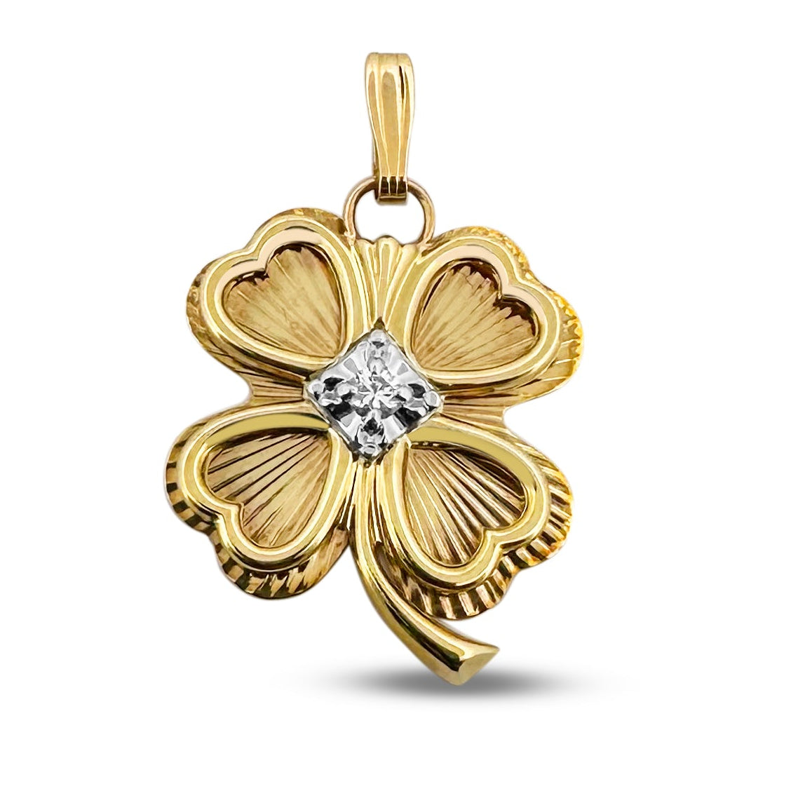 Vintage 0.10ct Round Brilliant Natural Diamond Clover Pendant Charm in 10k Two-Tone Gold