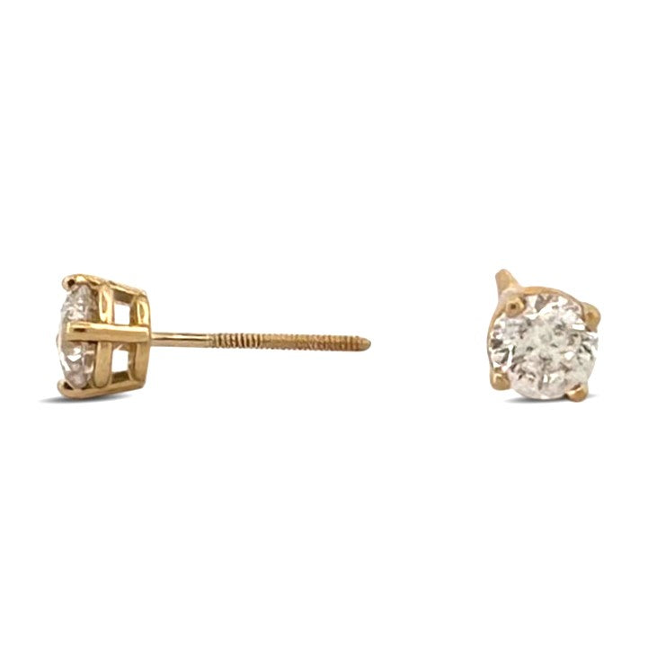 GSI Graded 1.23ctw Round Brilliant Natural Diamond Stud Earrings in 18k Yellow Gold