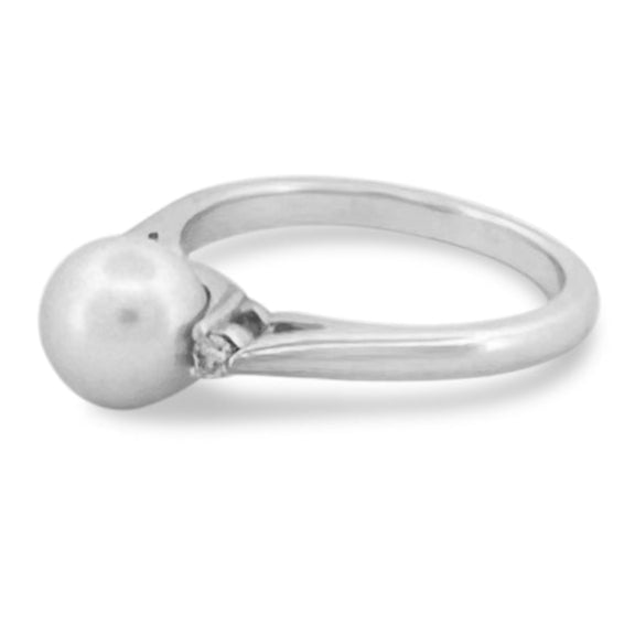 White Cultured Pearl & Natural Round Brilliant Diamond Cocktail Ring in 14k White Gold