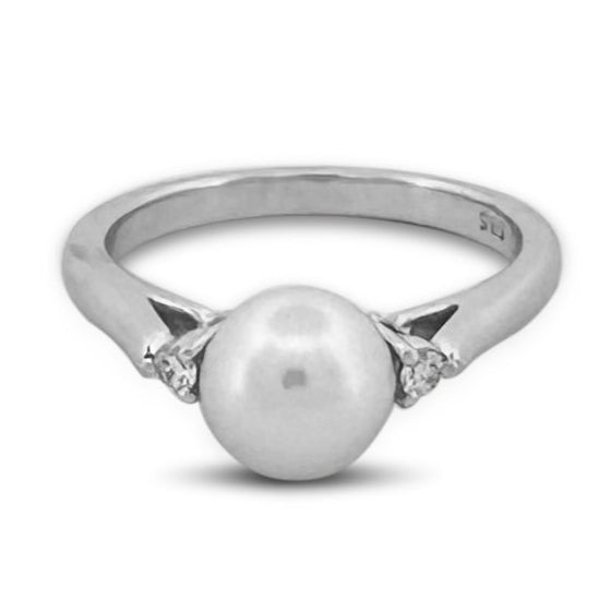 White Cultured Pearl & Natural Round Brilliant Diamond Cocktail Ring in 14k White Gold