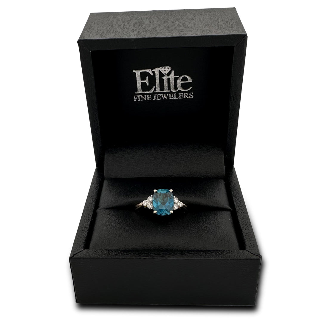 3.43cts Cushion Cut Blue Topaz & Round Brilliant Diamond Cocktail Ring in 14k Yellow Gold