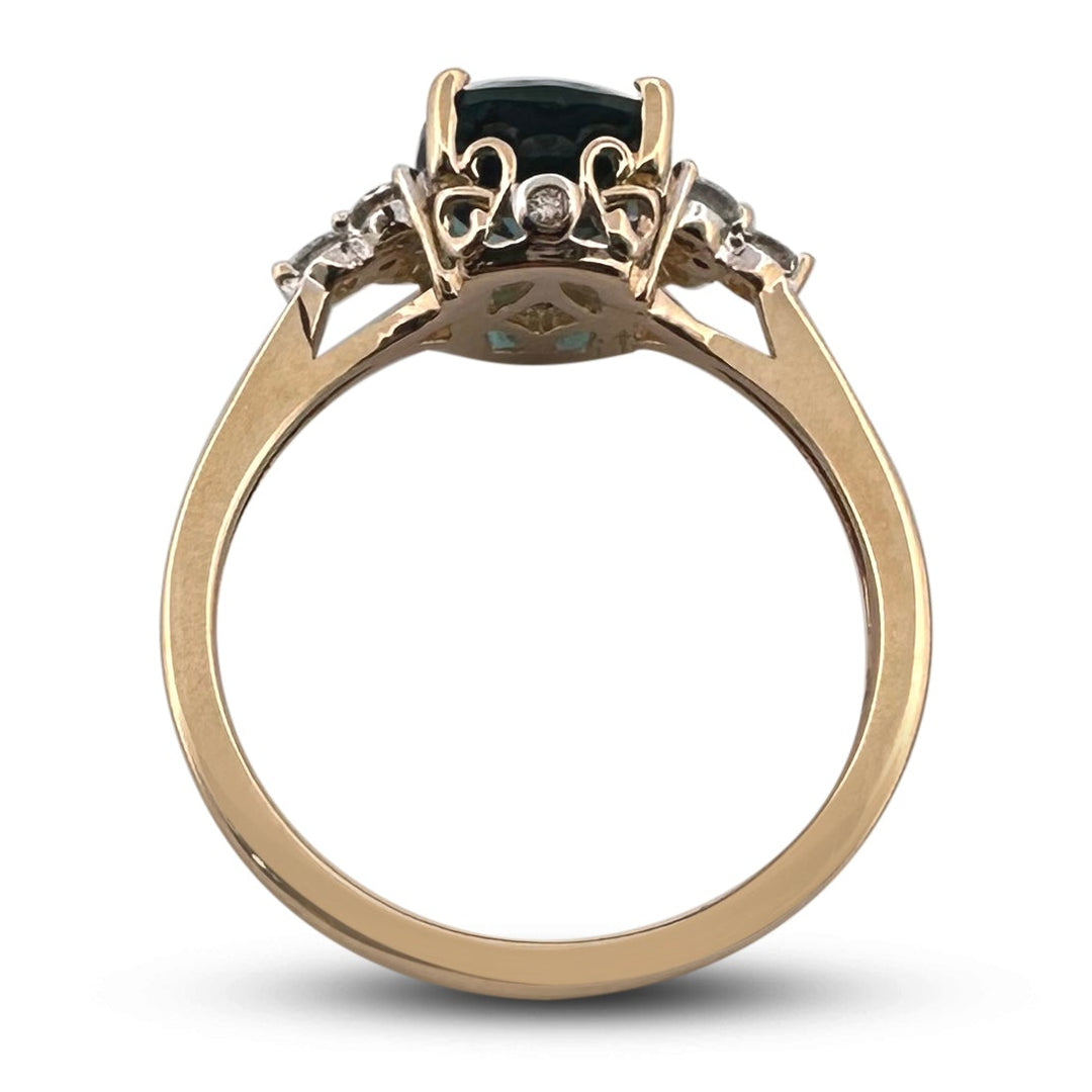 3.43cts Cushion Cut Blue Topaz & Round Brilliant Diamond Cocktail Ring in 14k Yellow Gold