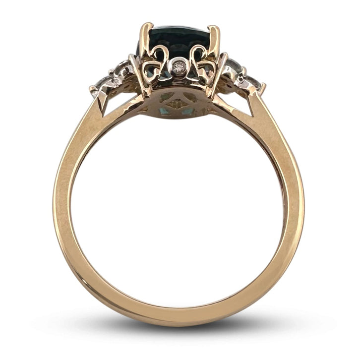 3.43cts Cushion Cut Blue Topaz & Round Brilliant Diamond Cocktail Ring in 14k Yellow Gold