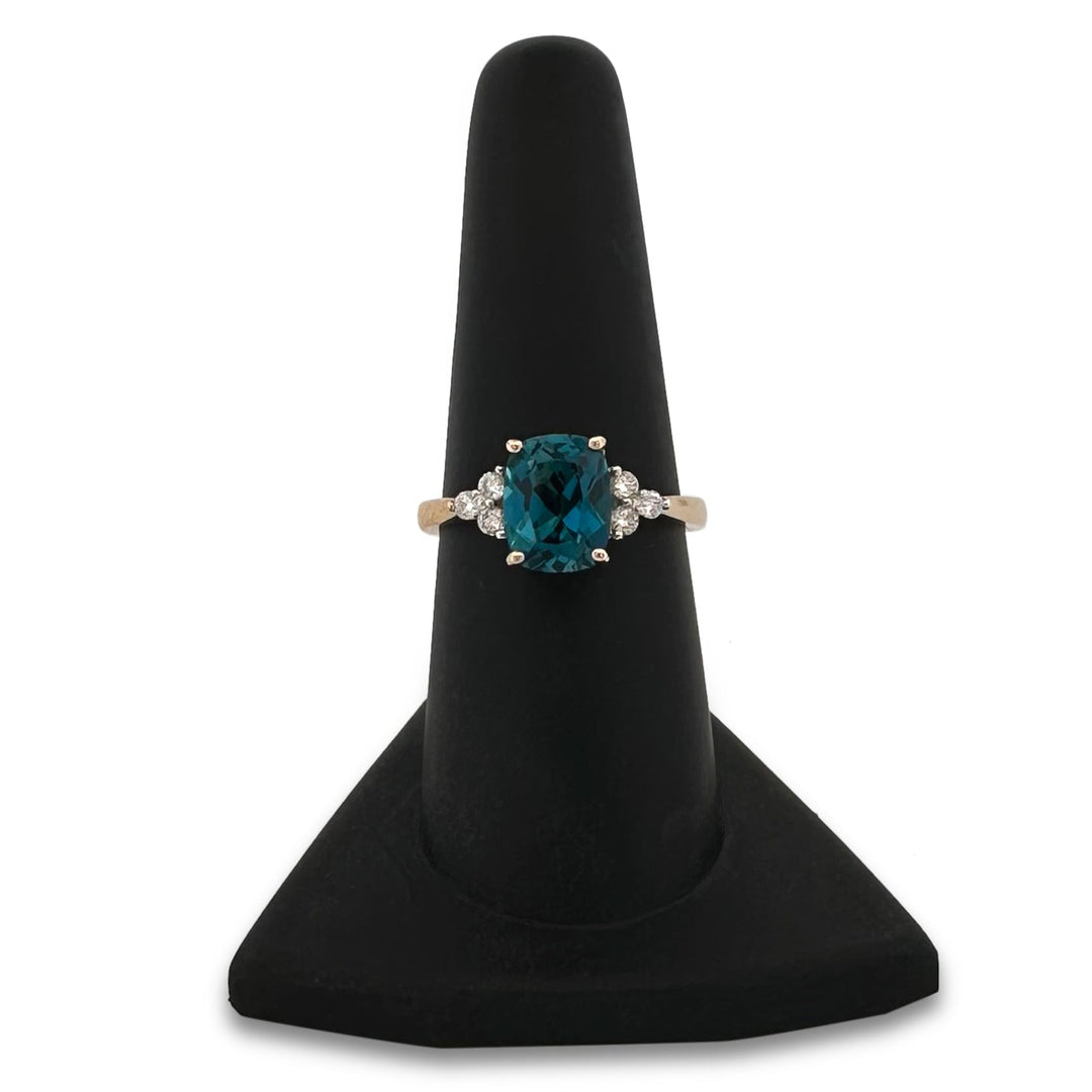3.43cts Cushion Cut Blue Topaz & Round Brilliant Diamond Cocktail Ring in 14k Yellow Gold