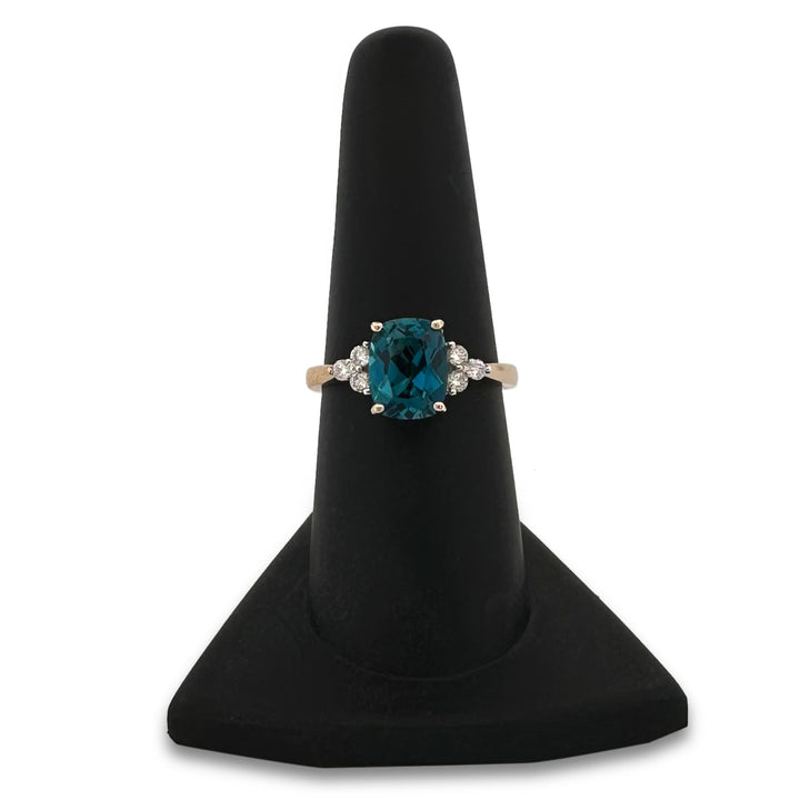 3.43cts Cushion Cut Blue Topaz & Round Brilliant Diamond Cocktail Ring in 14k Yellow Gold