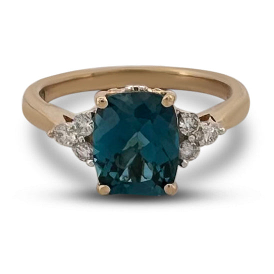 3.43cts Cushion Cut Blue Topaz & Round Brilliant Diamond Cocktail Ring in 14k Yellow Gold
