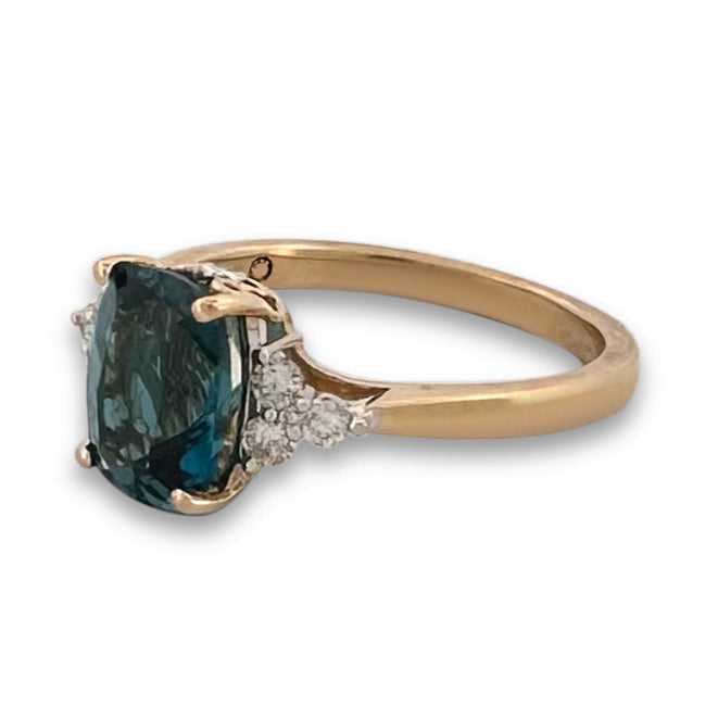 3.43cts Cushion Cut Blue Topaz & Round Brilliant Diamond Cocktail Ring in 14k Yellow Gold