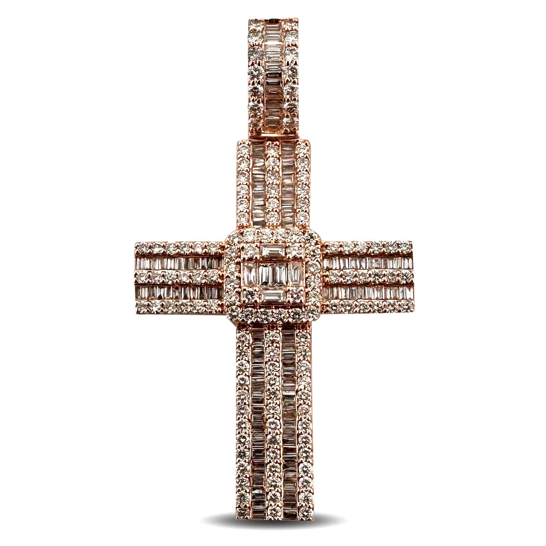 3ctw Round Brilliant & Baguette Cut Natural Diamond Cross Pendant in 14k Rose Gold