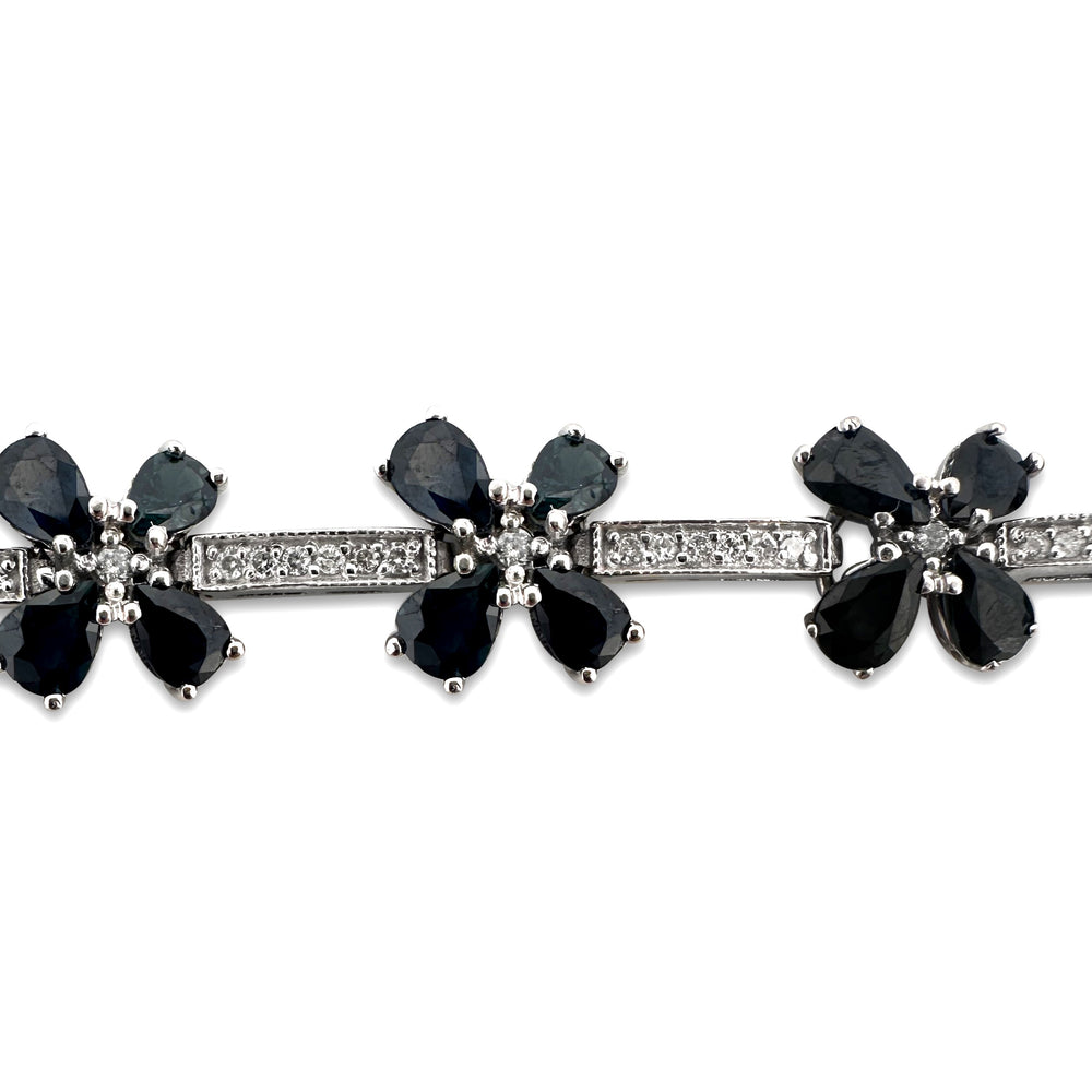 Pear Sapphire and Round Brilliant Diamond Floral Bracelet in 14k White Gold