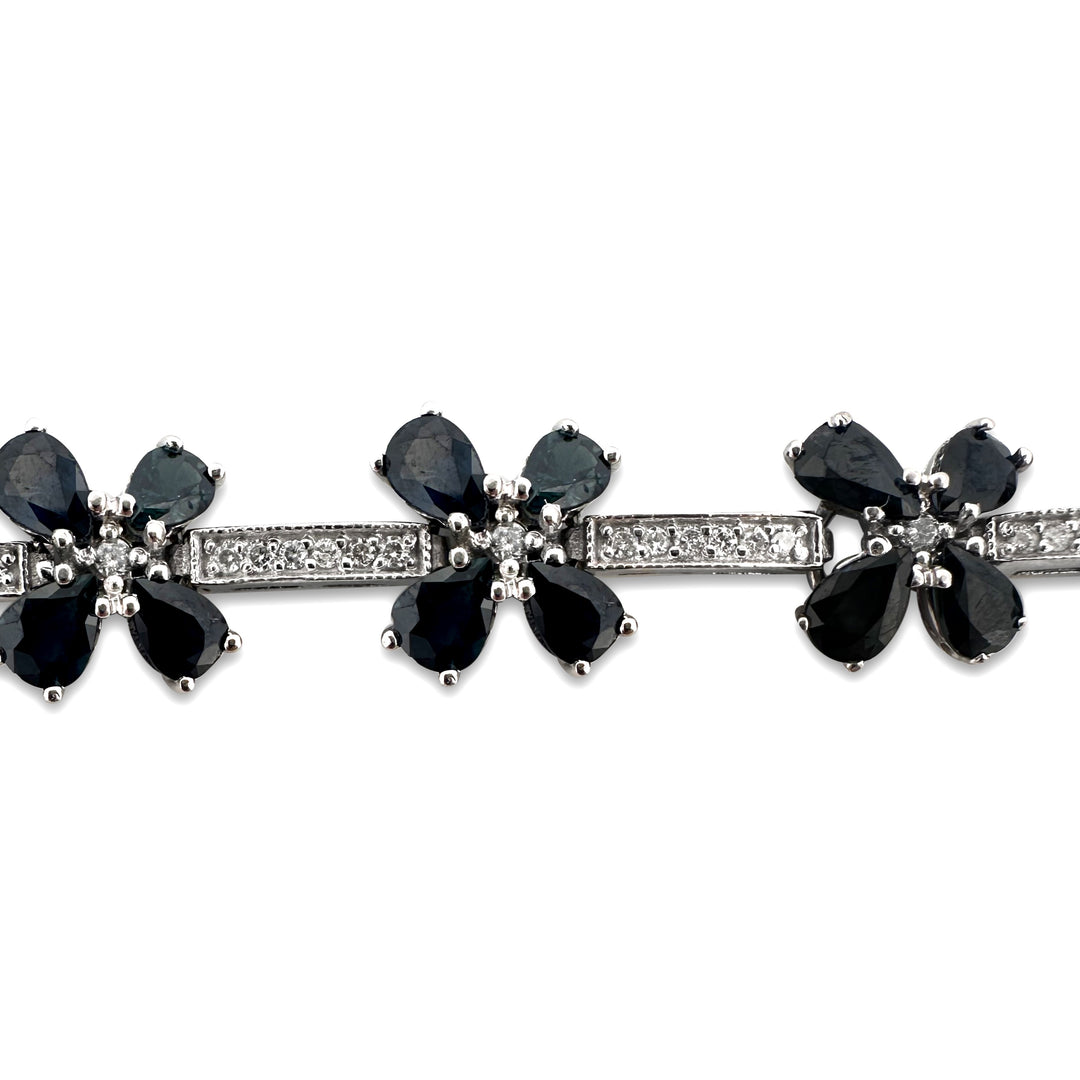 Pear Sapphire and Round Brilliant Diamond Floral Bracelet in 14k White Gold