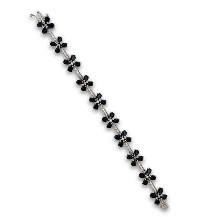 Pear Sapphire and Round Brilliant Diamond Floral Bracelet in 14k White Gold