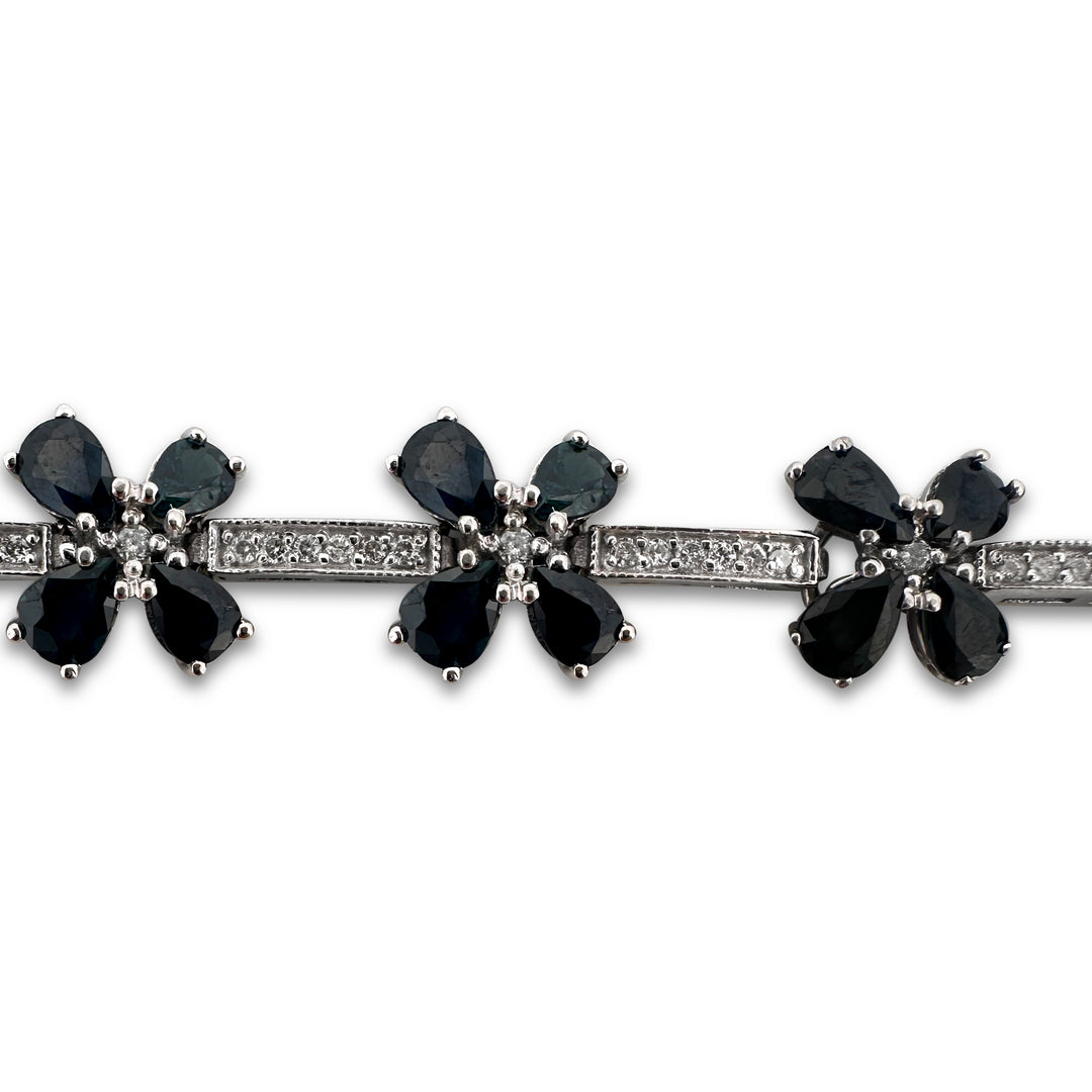 Pear Sapphire and Round Brilliant Diamond Floral Bracelet in 14k White Gold