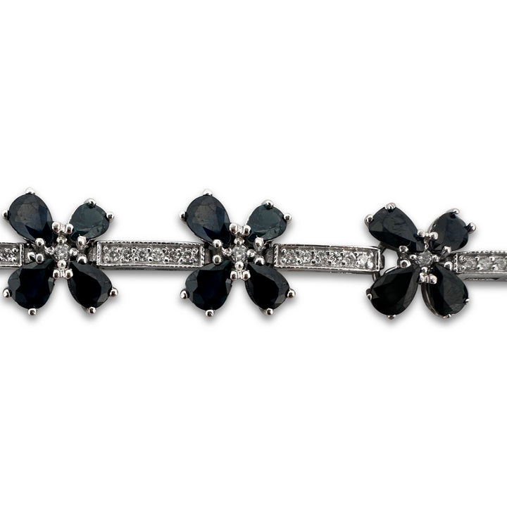 Pear Sapphire and Round Brilliant Diamond Floral Bracelet in 14k White Gold