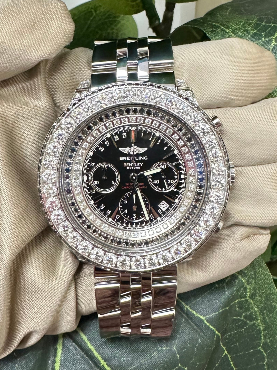 Breitling For Bentley 48mm Stainless Steel Bracelet Watch with Black & White Diamond Case