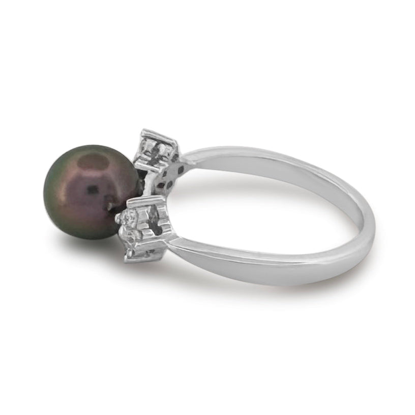 Black Cultured Pearl & Natural Round Brilliant Diamond Cocktail Ring in 18k White Gold