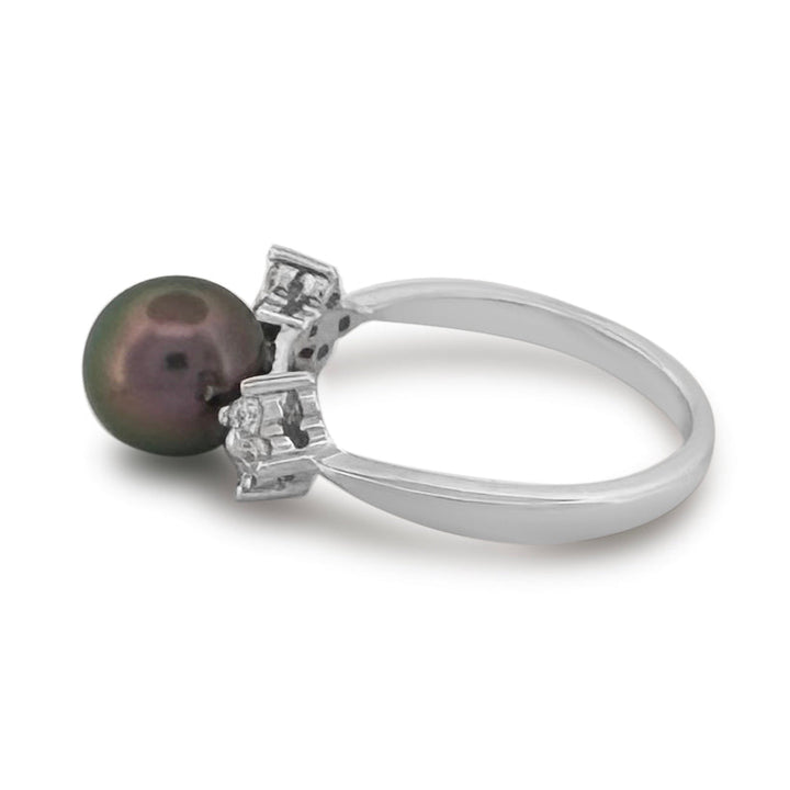 Black Cultured Pearl & Natural Round Brilliant Diamond Cocktail Ring in 18k White Gold
