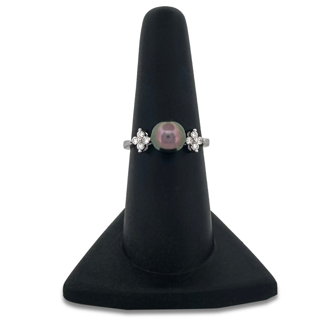 Black Cultured Pearl & Natural Round Brilliant Diamond Cocktail Ring in 18k White Gold