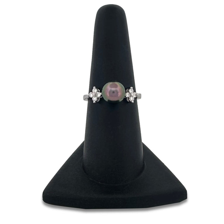 Black Cultured Pearl & Natural Round Brilliant Diamond Cocktail Ring in 18k White Gold