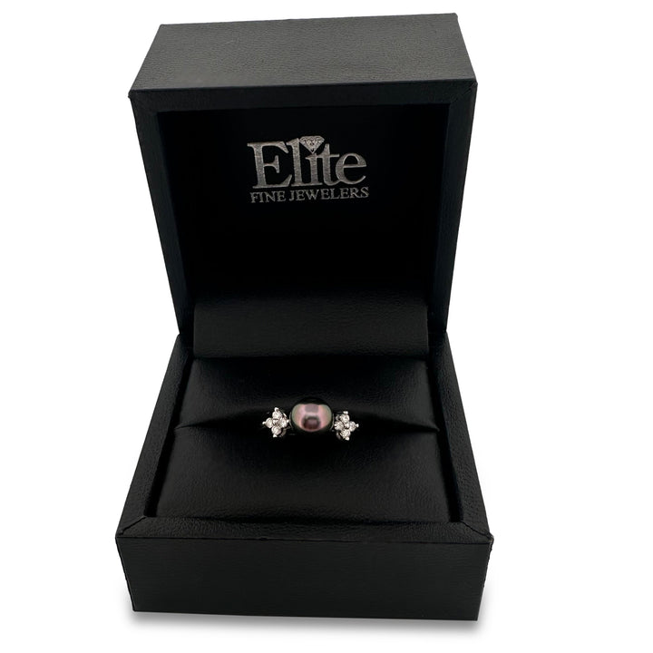Black Cultured Pearl & Natural Round Brilliant Diamond Cocktail Ring in 18k White Gold