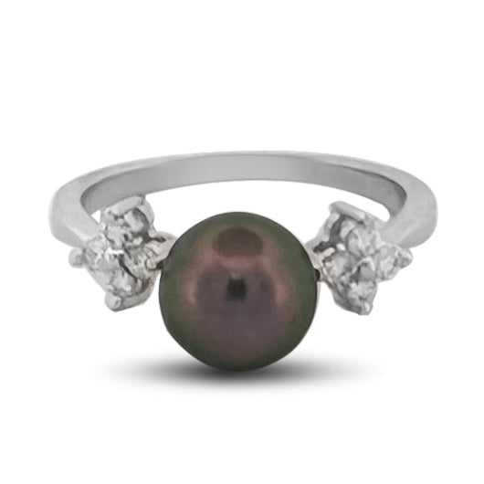 Black Cultured Pearl & Natural Round Brilliant Diamond Cocktail Ring in 18k White Gold