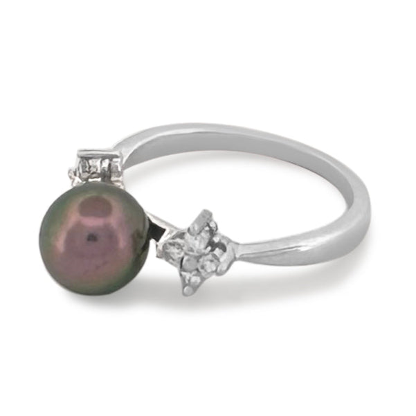 Black Cultured Pearl & Natural Round Brilliant Diamond Cocktail Ring in 18k White Gold