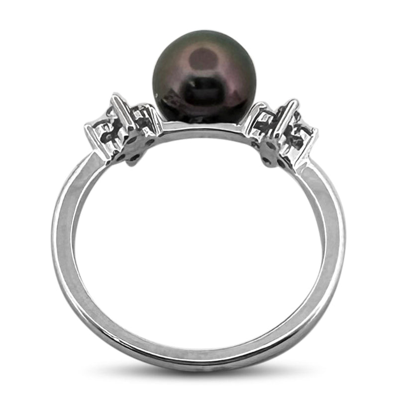 Black Cultured Pearl & Natural Round Brilliant Diamond Cocktail Ring in 18k White Gold