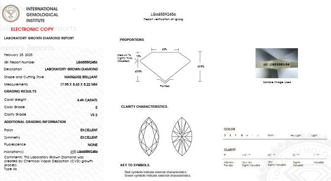 Loose IGI Graded 4.49ct Marquise Cut Lab-Grown Diamond, E Color & VS2 Clarity