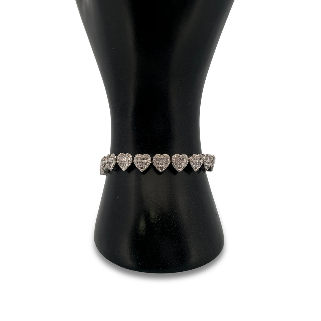 3ctw Baguette & Round Brilliant Natural Diamond Heart Tennis Bracelet in 10k White Gold