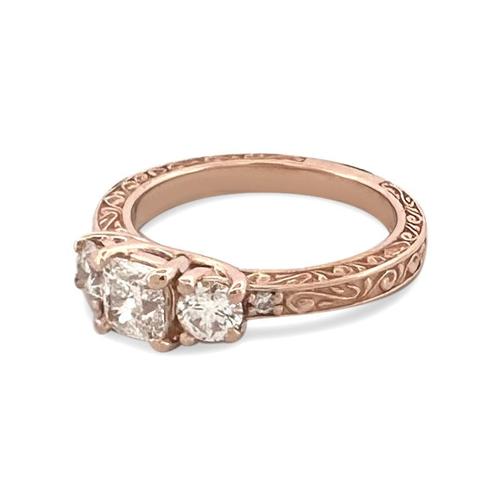 1ctw Cushion Cut & Round Brilliant Natural Diamond Engagement Ring in 14k Rose Gold