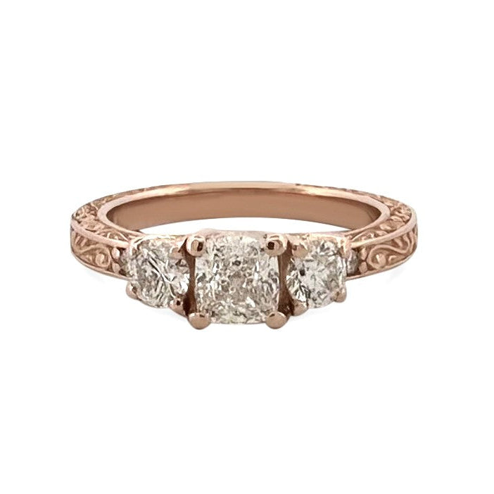 1ctw Cushion Cut & Round Brilliant Natural Diamond Engagement Ring in 14k Rose Gold