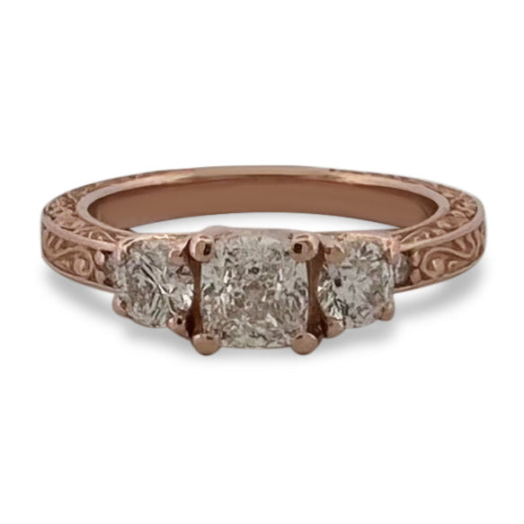 1ctw Cushion Cut & Round Brilliant Natural Diamond Engagement Ring in 14k Rose Gold