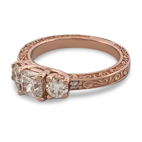1ctw Cushion Cut & Round Brilliant Natural Diamond Engagement Ring in 14k Rose Gold