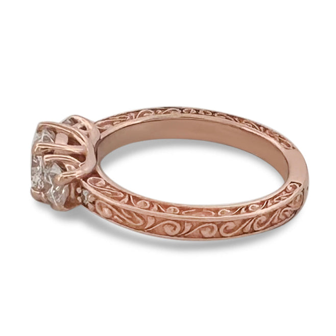 1ctw Cushion Cut & Round Brilliant Natural Diamond Engagement Ring in 14k Rose Gold