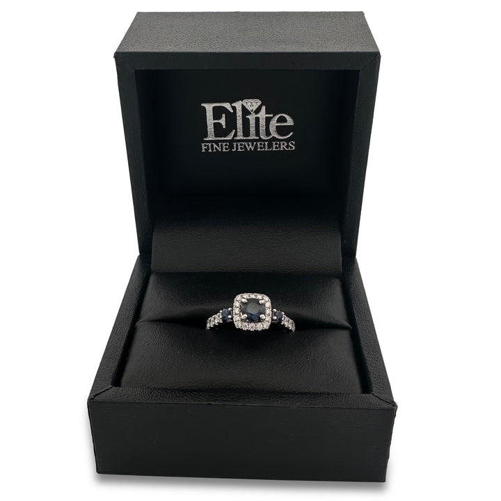 Round Blue Sapphire & Round Brilliant Natural Diamond Halo Engagement Ring in 14k White Gold by Vera Wang
