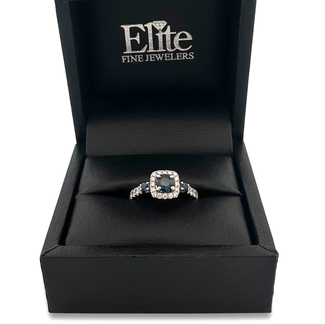 Round Blue Sapphire & Round Brilliant Natural Diamond Halo Engagement Ring in 14k White Gold by Vera Wang