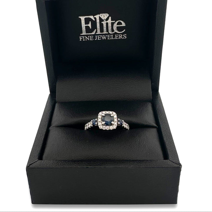 Round Blue Sapphire & Round Brilliant Natural Diamond Halo Engagement Ring in 14k White Gold by Vera Wang