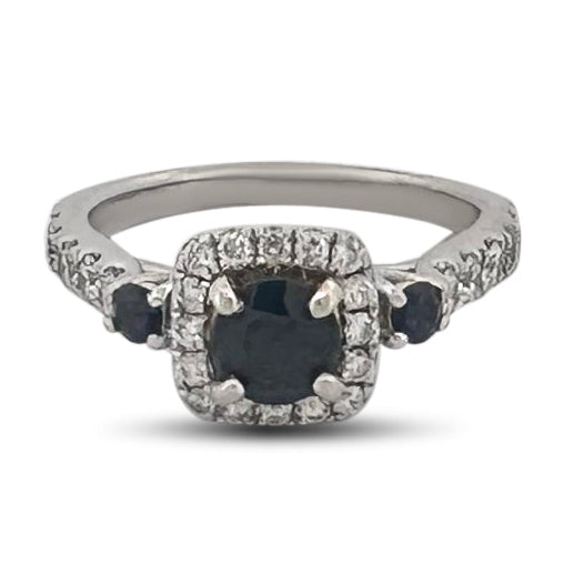 Round Blue Sapphire & Round Brilliant Natural Diamond Halo Engagement Ring in 14k White Gold by Vera Wang
