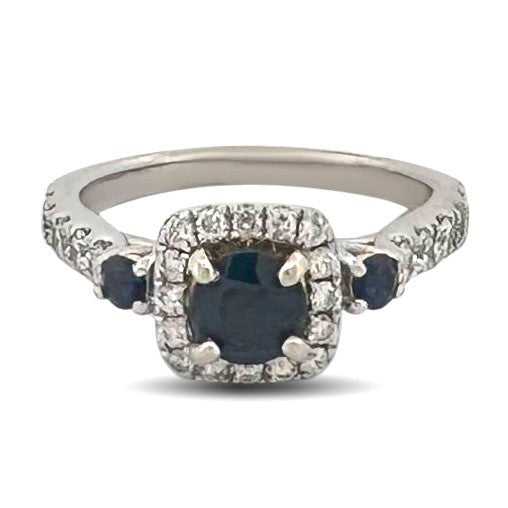 Round Blue Sapphire & Round Brilliant Natural Diamond Halo Engagement Ring in 14k White Gold by Vera Wang