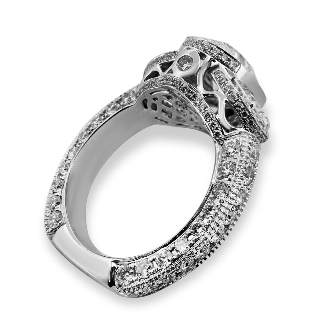 4.50ctw Oval with Half-Moon Lab-Grown Diamond 3-Stone Halo Engagement Ring in 14k White Gold
