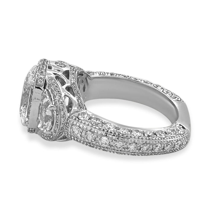 4.50ctw Oval with Half-Moon Lab-Grown Diamond 3-Stone Halo Engagement Ring in 14k White Gold