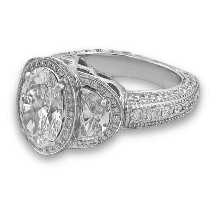 4.50ctw Oval with Half-Moon Lab-Grown Diamond 3-Stone Halo Engagement Ring in 14k White Gold
