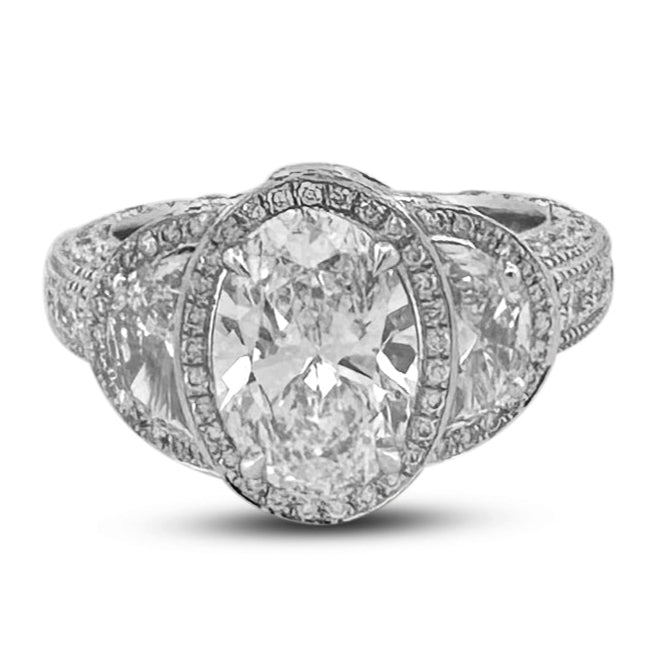 4.50ctw Oval with Half-Moon Lab-Grown Diamond 3-Stone Halo Engagement Ring in 14k White Gold