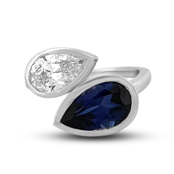 Pear Shaped Diamond & Blue Sapphire Lab-Grown Toi et Moi Engagement Ring in 14k White Gold