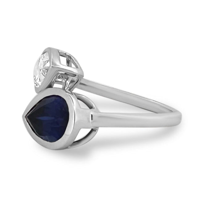 Pear Shaped Diamond & Blue Sapphire Lab-Grown Toi et Moi Engagement Ring in 14k White Gold