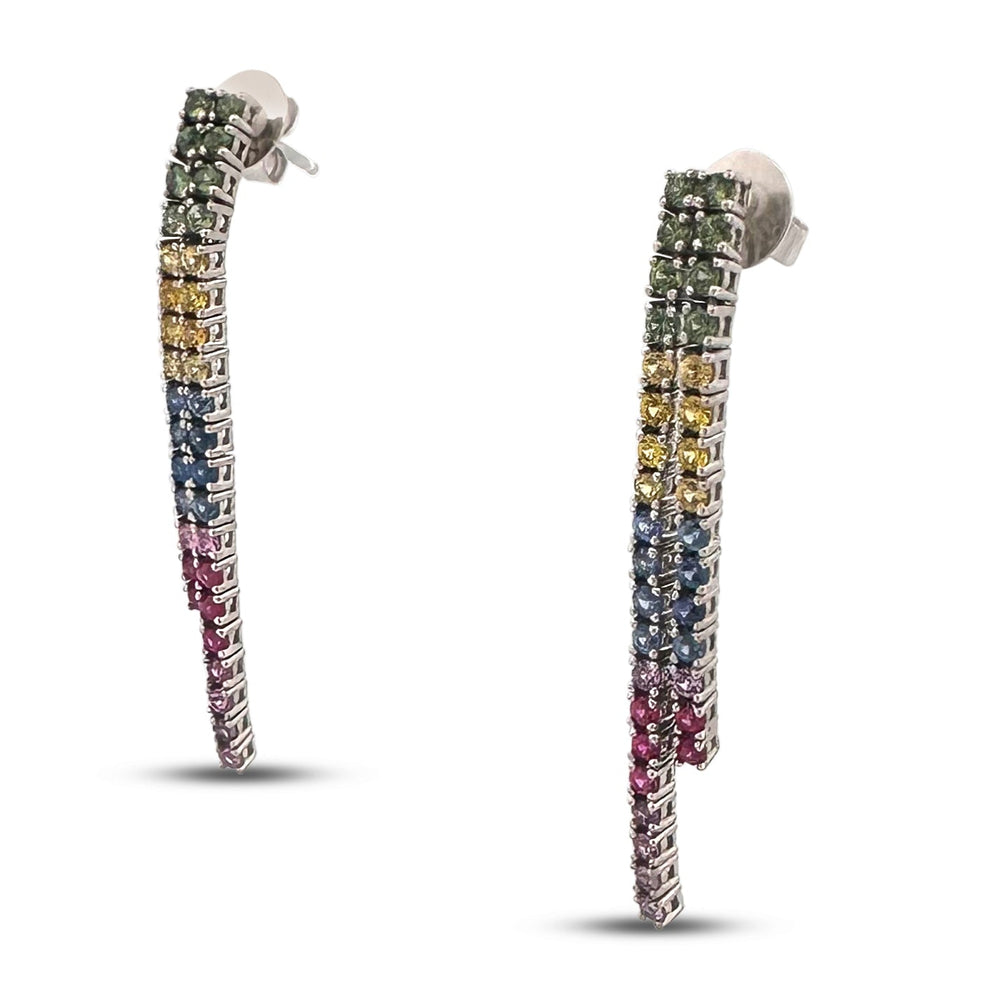 Rainbow Sapphire Dangle Earrings in 14k White Gold