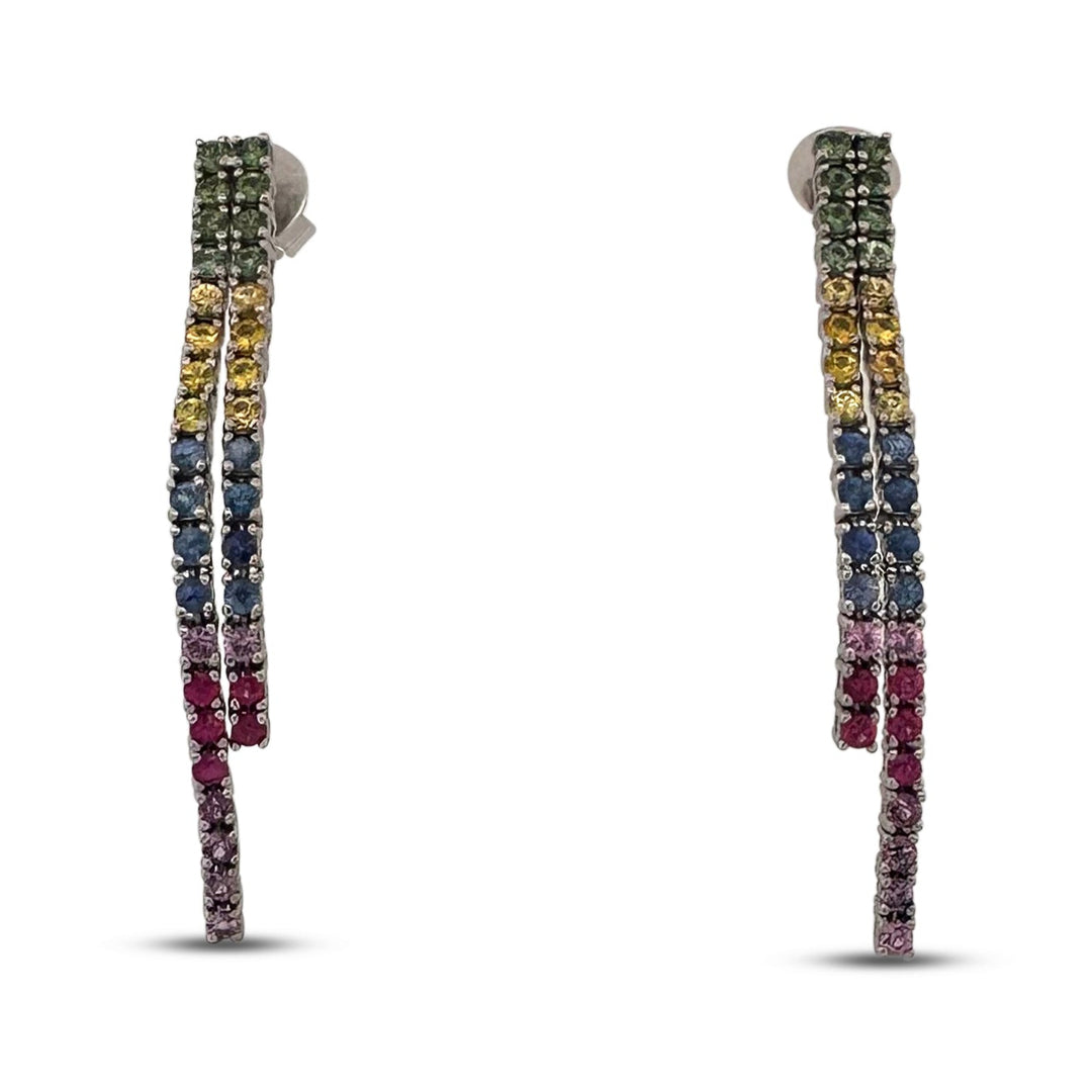 Rainbow Sapphire Dangle Earrings in 14k White Gold