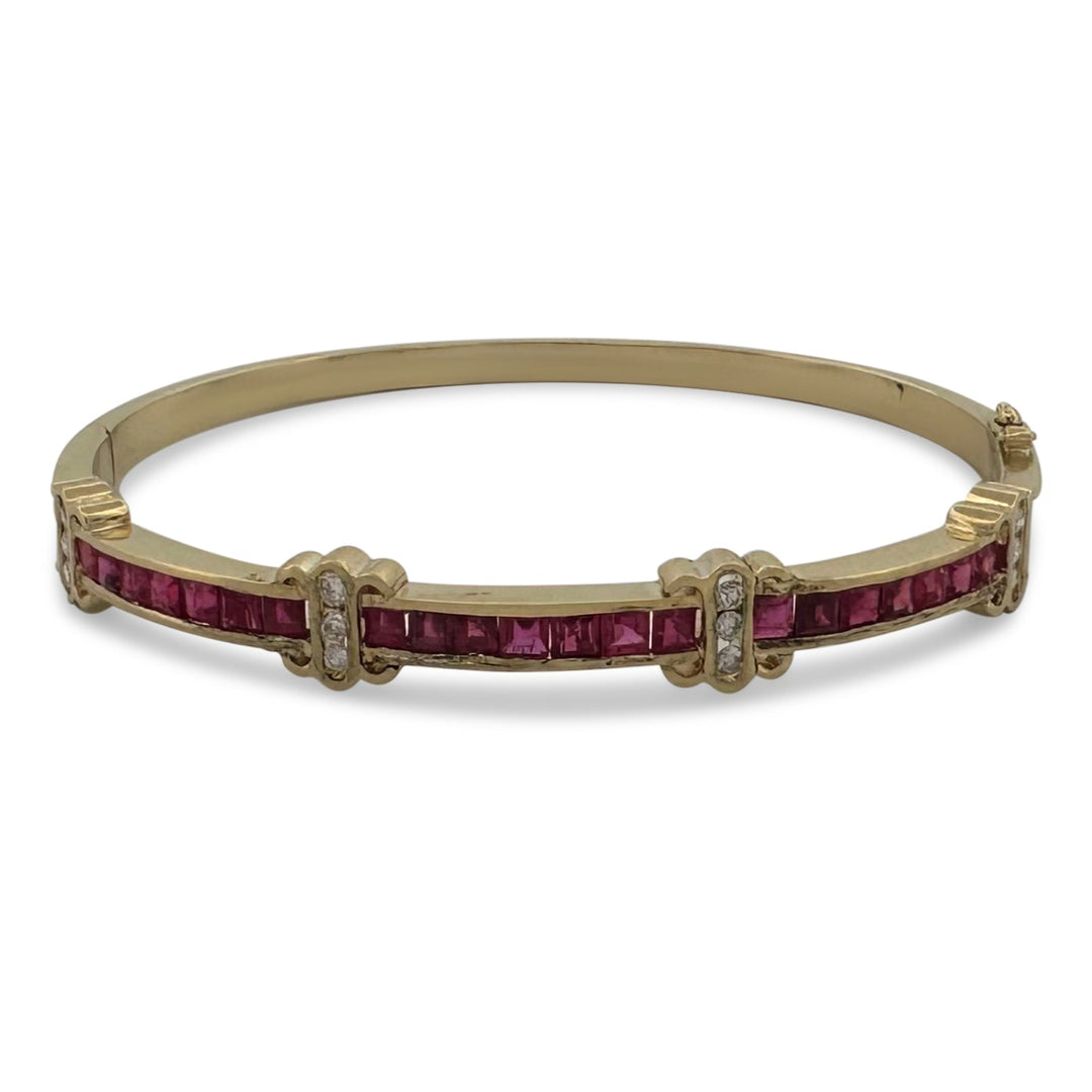 Vintage Ruby and Natural Diamond Hinged Cuff Bracelet in 14k Yellow Gold