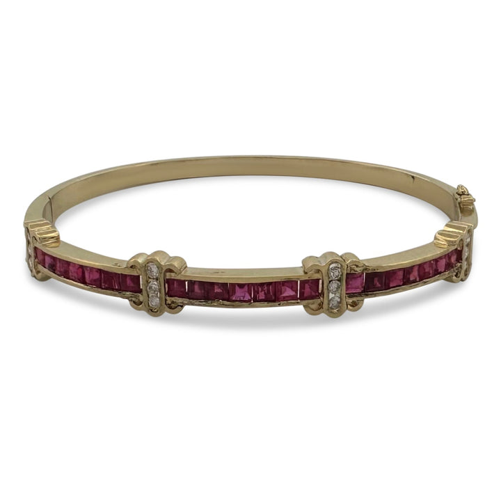 Vintage Ruby and Natural Diamond Hinged Cuff Bracelet in 14k Yellow Gold