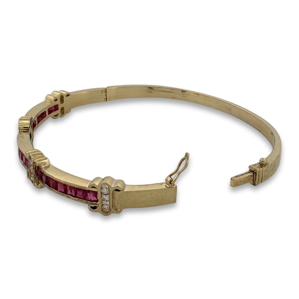 Vintage Ruby and Natural Diamond Hinged Cuff Bracelet in 14k Yellow Gold